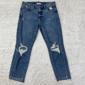 Good American Pants Womens 6 Blue Good Girlfriend Stepped Hem Distressed Jeans